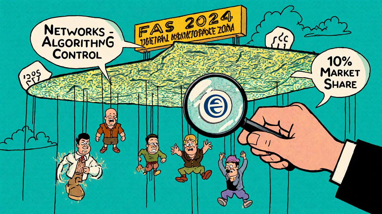 Цифровая платформа как паутина, удерживающая продавцов, над ней — контролирующая рука ФАС.