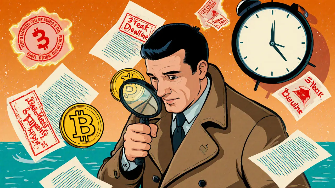 Детектив анализирует криптовалюты и оффшоры, рядом тикает часы с надписью &#039;3 года&#039;.