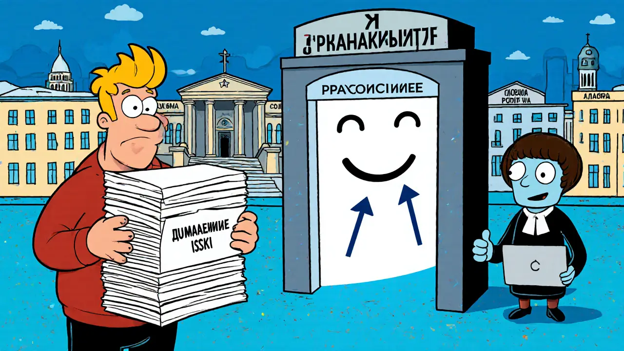 Мужчина с бумажками стоит рядом с ярким цифровым порталом, робот-помощник улыбается.