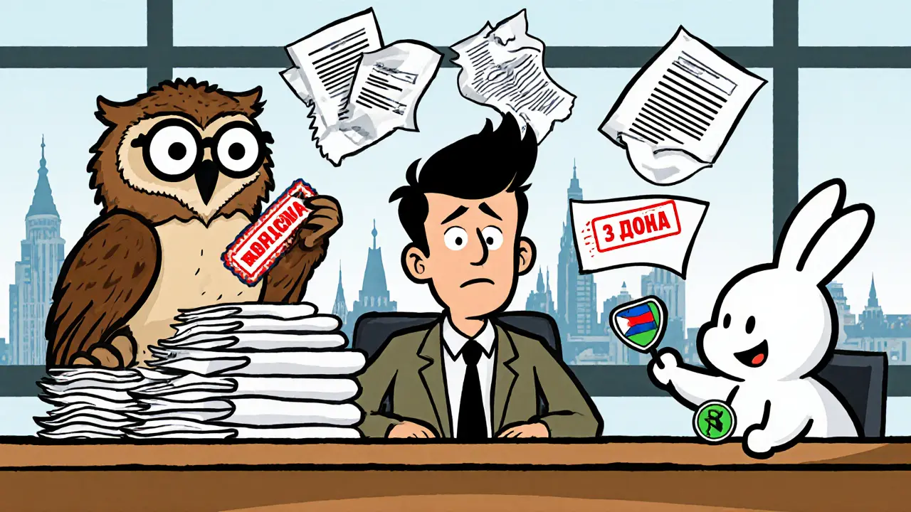 Мужчина в офисе МВД получает зеленый штамп одобрения от кролика, в то время как сова держит красный штамп отказа.