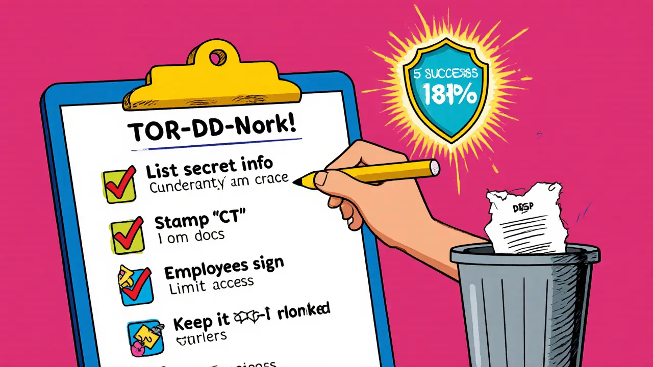 Последовательные шаги по защите коммерческой тайны в виде ярких мультяшных иконок.