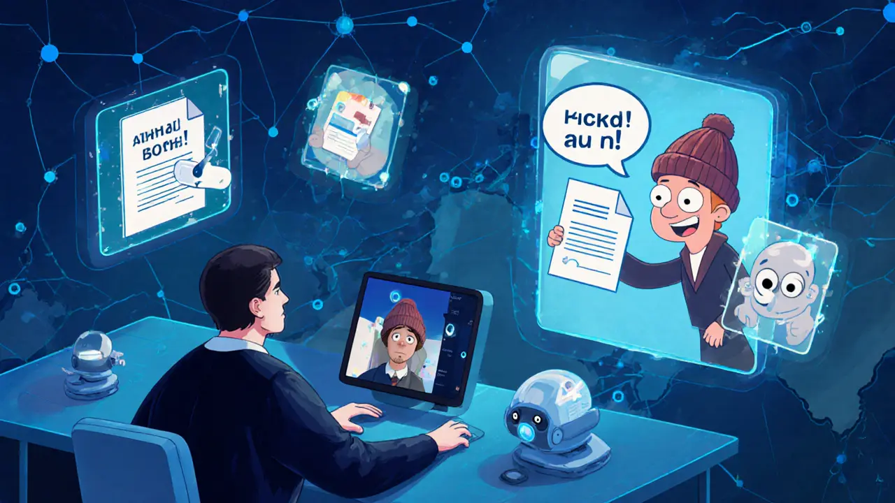 Судья на видео-связи с человеком в деревне, вокруг — роботы-помощники с подсказками.