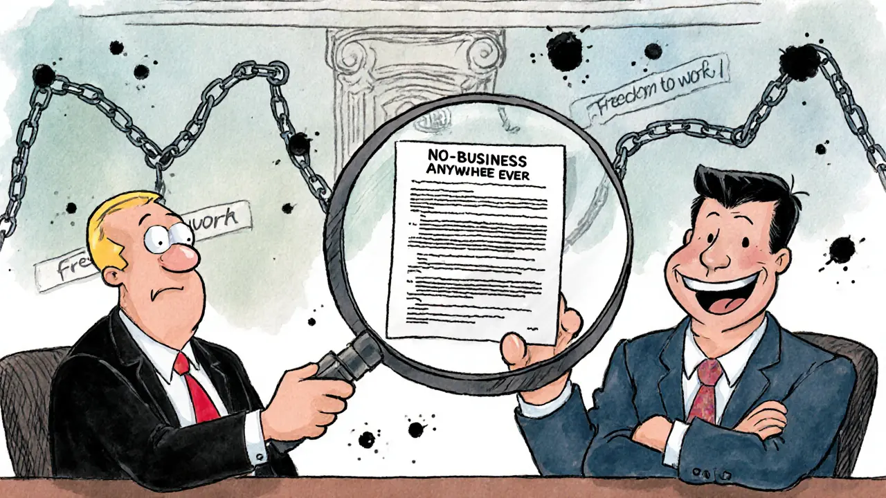 Судья разглядывает чрезмерно широкий запрет на конкуренцию, а продавец улыбается.