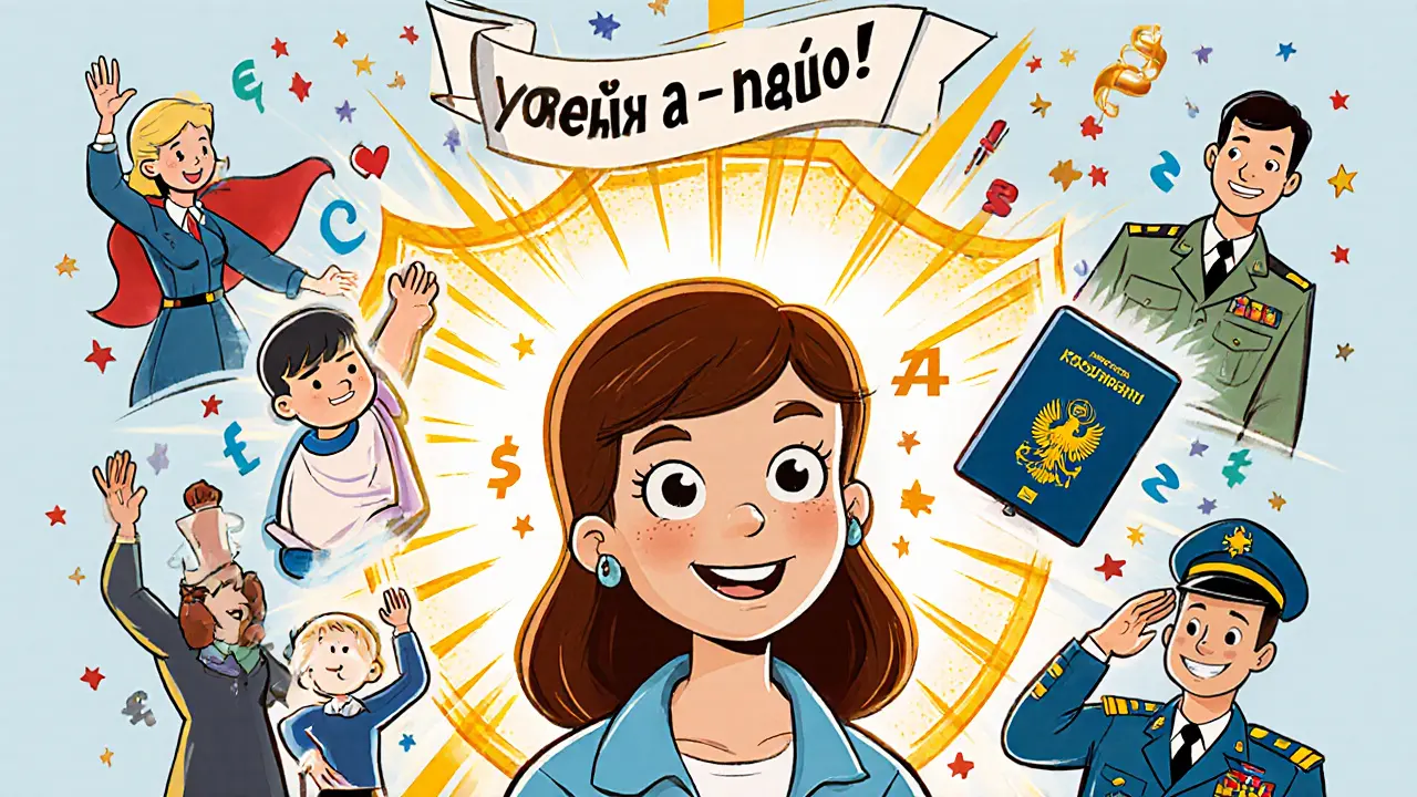 Женщина с паспортом РФ, за ней — сцены из ее жизни: ребенок в школе, диплом, солдат и муж.