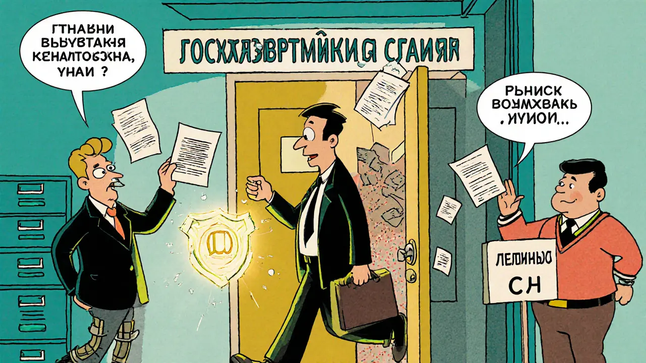 Адвокат получает документы напрямую, юрист пытается пройти мимо охранника