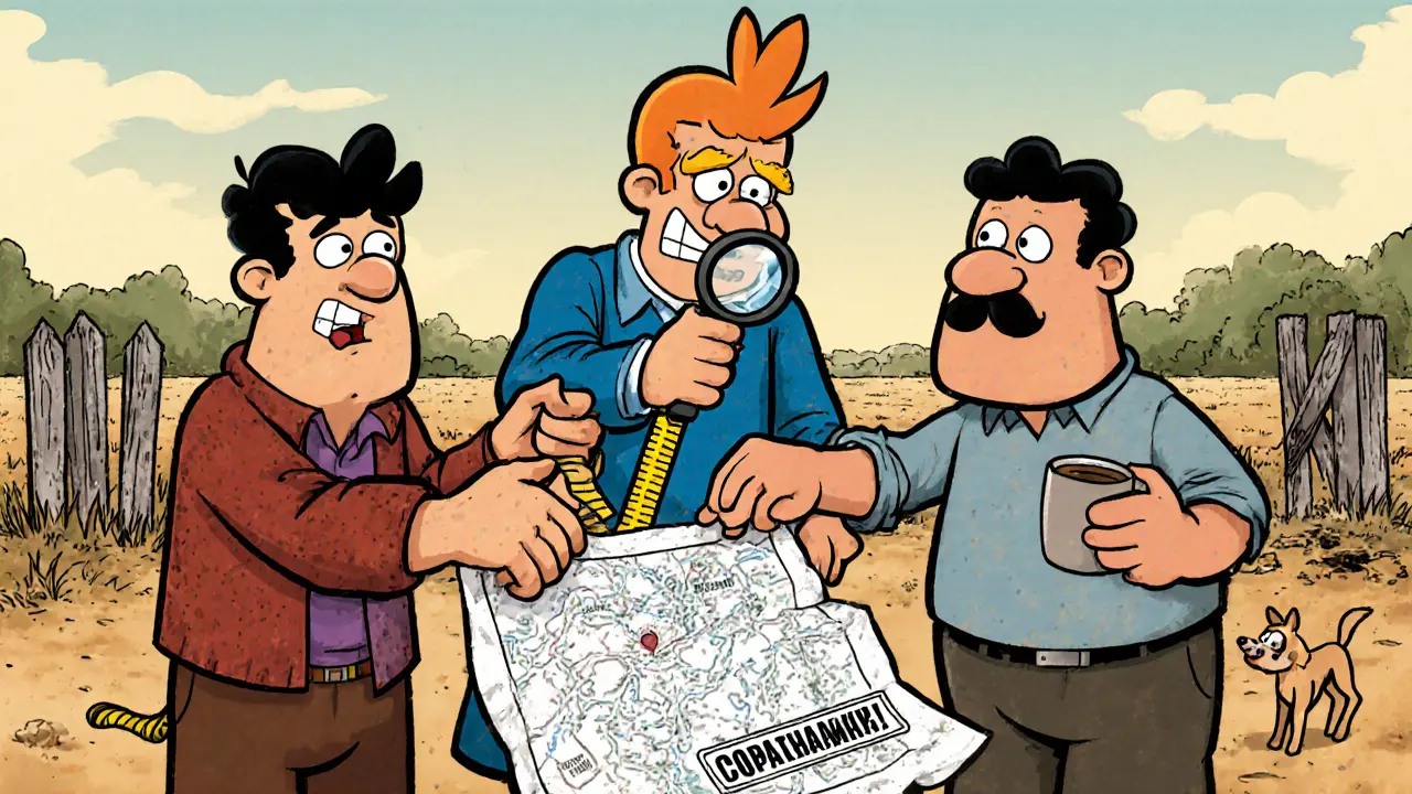 Кадастровый инженер и соседи согласовывают границы участка, мультяшная сцена на фоне деревни.