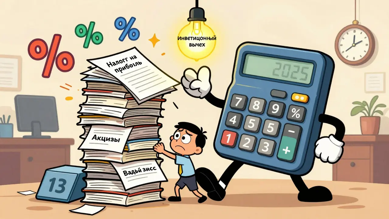 Малый бизнесмен балансирует на стопке налогов с помощью смешного калькулятора