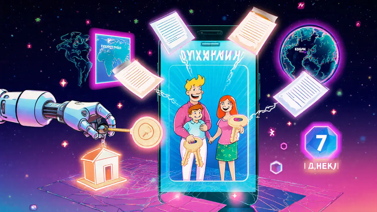 Смартфон с цифровым разделом земли, семья получает электронные документы, футуристический мультяшный стиль.