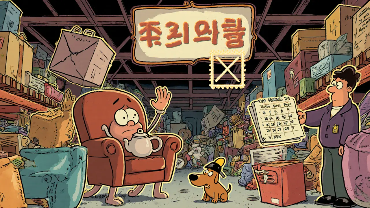 На складе хранятся одушевленные вещи: кресло, кошка, горшок с цветком, надпись &#039;Хранение 6 месяцев&#039; на стене.