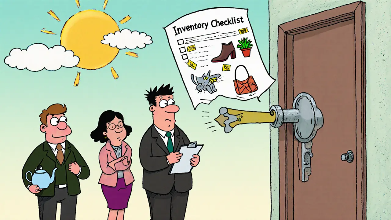 Пристав и понятые перед запертой дверью, слесарь с гигантским ключом готовится вскрыть её, в воздухе парят предметы интерьера.