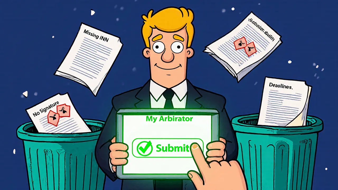 Юрист отправляет ходатайство через систему &#039;Мой арбитр&#039;, а рядом мусорные баки с проваленными попытками.
