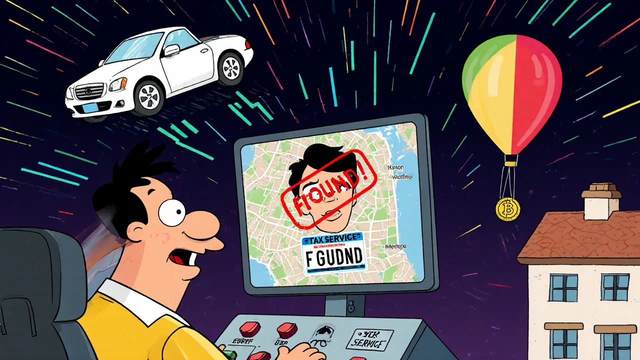 Пристав нажимает кнопки на панели, а данные о машине, доме и счетах появляются на экране.