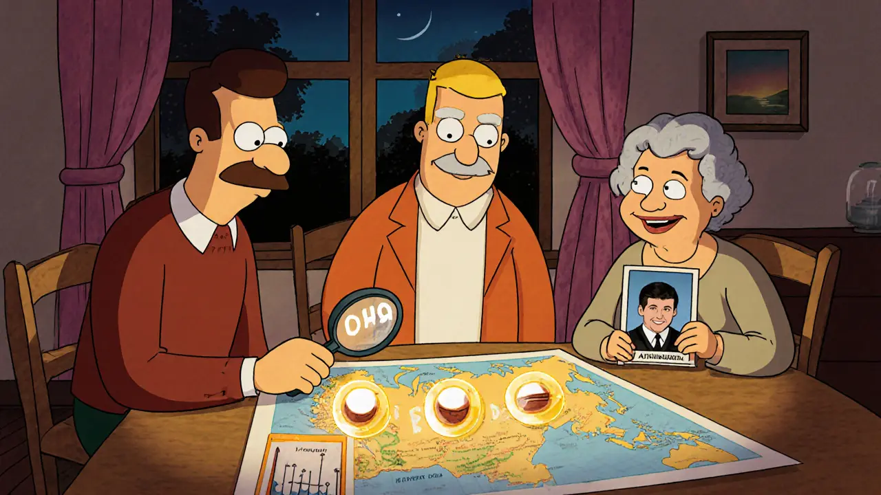 Семья обсуждает пенсионные накопления на кухне с картой России и важными метками.