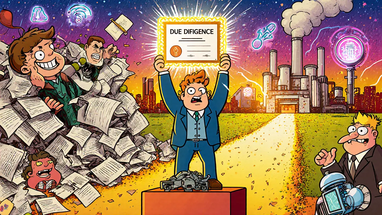 Покупатель держит сертификат дью дилидженс, а позади него рушится куча проблем, впереди — светлое будущее бизнеса.