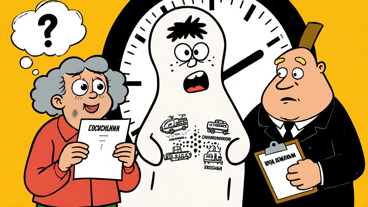 Пожилая женщина смотрит на уведомление Госуслуги, рядом — призрак НСУ с тремя вариантами помощи.