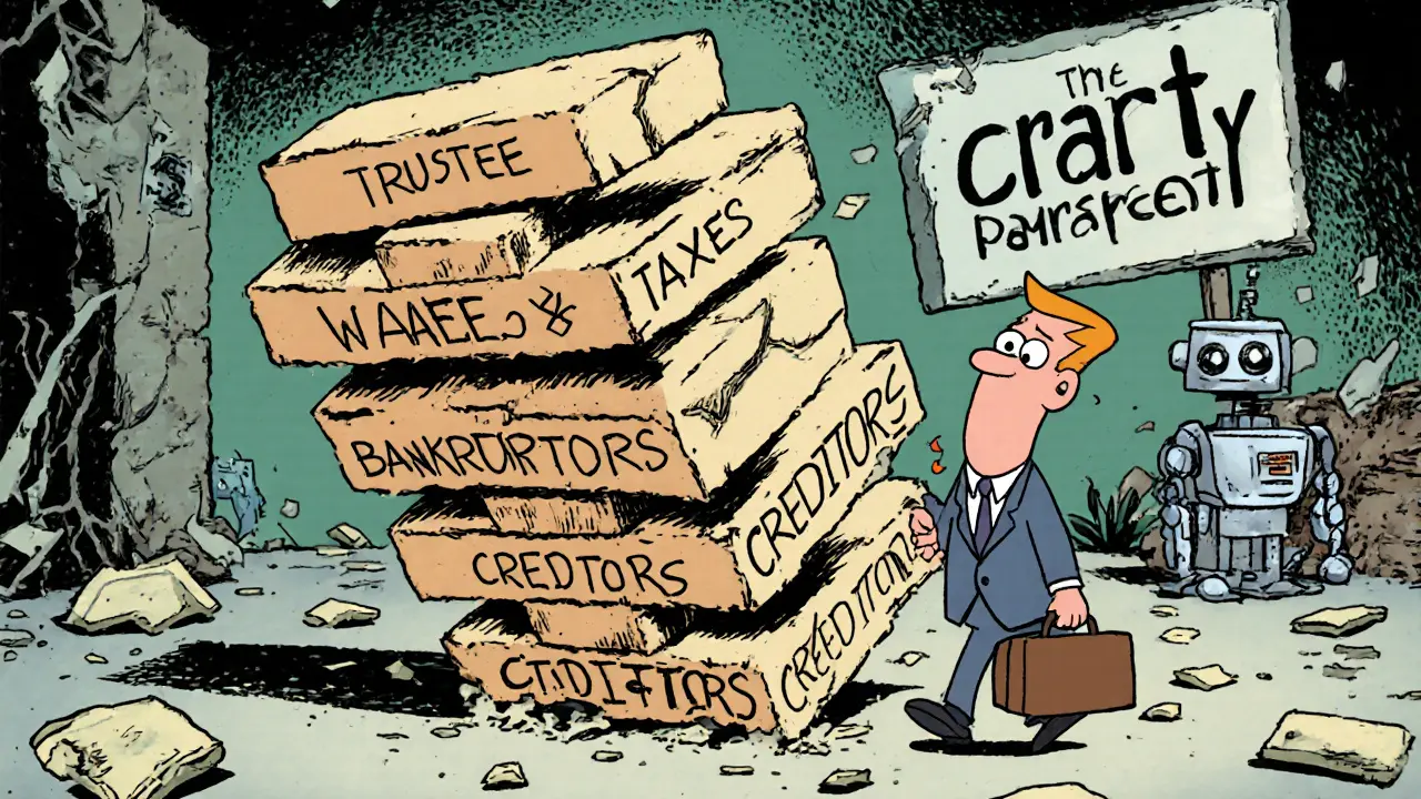 Башня из блоков, показывающая очередность выплат кредиторам, с крошечным кредитором у основания.