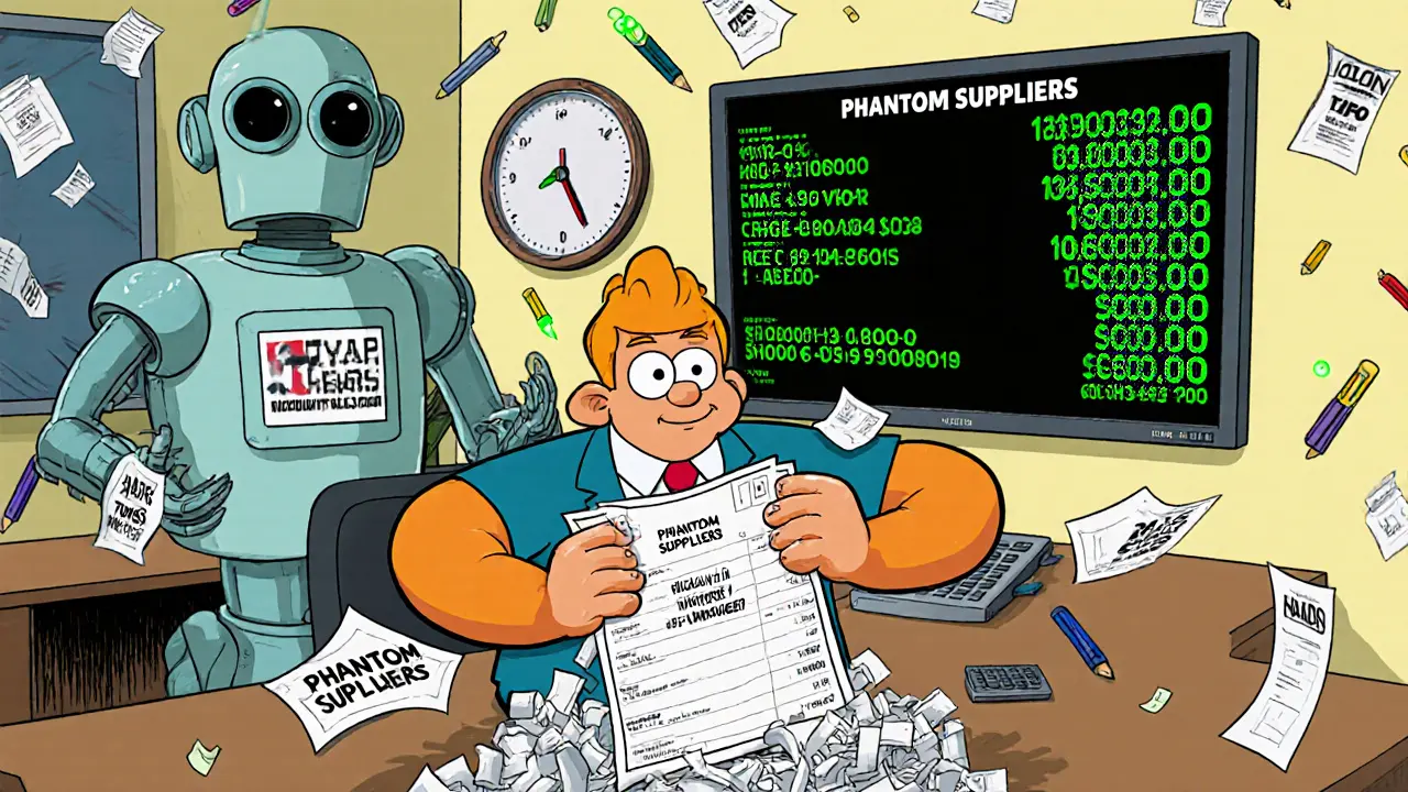 Бухгалтер уничтожает фальшивые документы, пока цифровая система отслеживает транзакции.