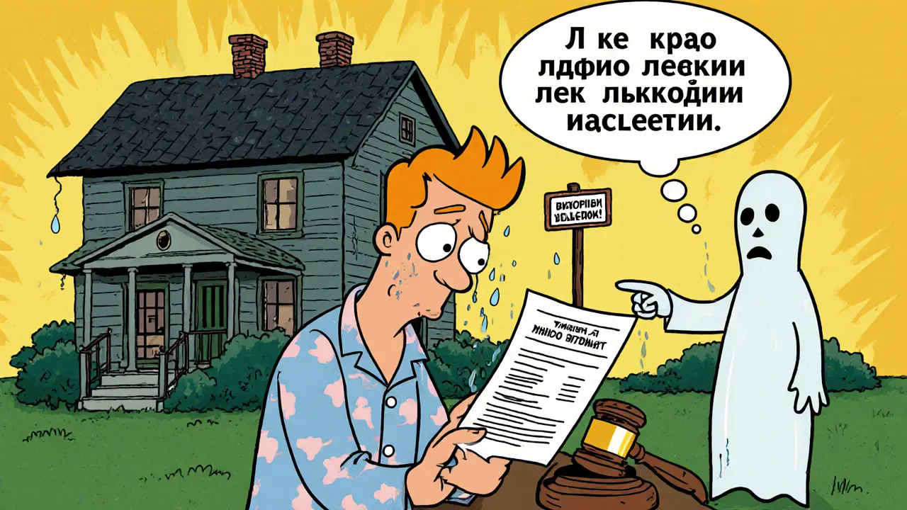 Мужчина платит за коммуналку в доме умершего, а за спиной — предупреждающий знак: &#039;Уже приняли наследство — отказ невозможен&#039;.