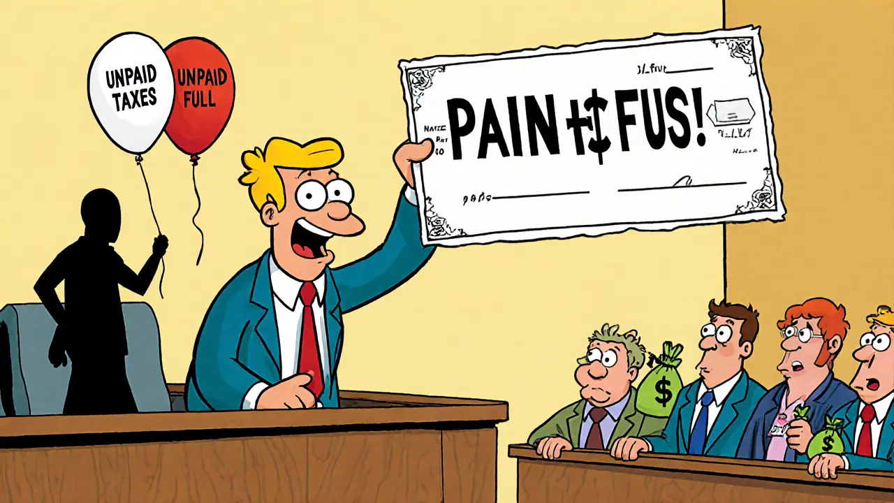 Платящий налогоплательщик радостно расплачивается с судьей, а долг исчезает как воздушный шар.