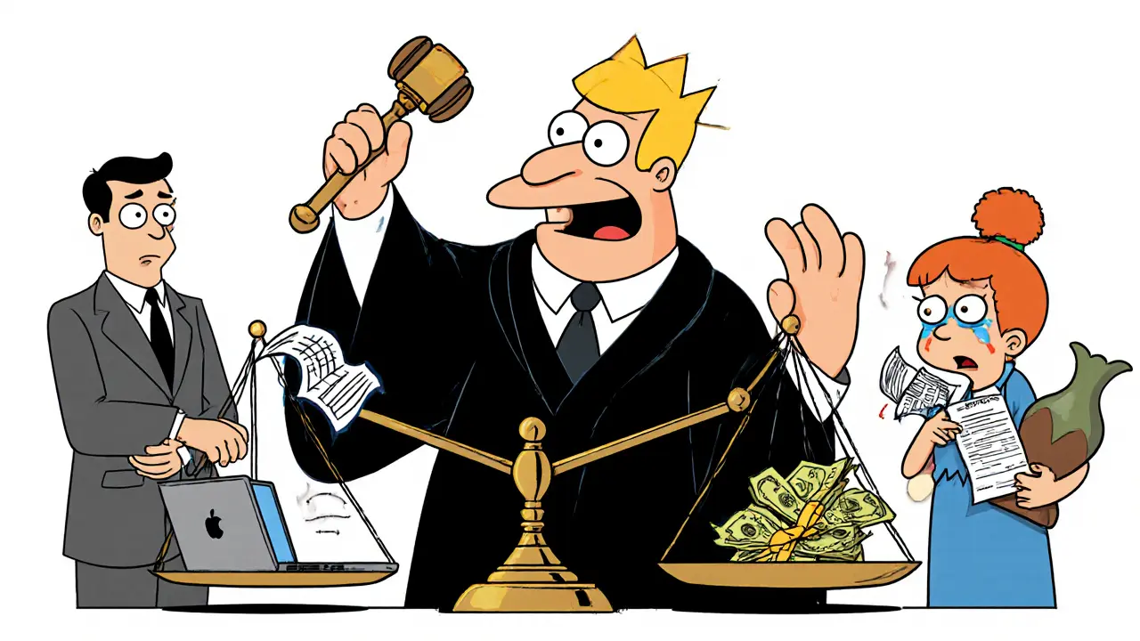 Судья на балансирующей чаше весов сравнивает ущерб и документы, рядом — ребенок и родитель.