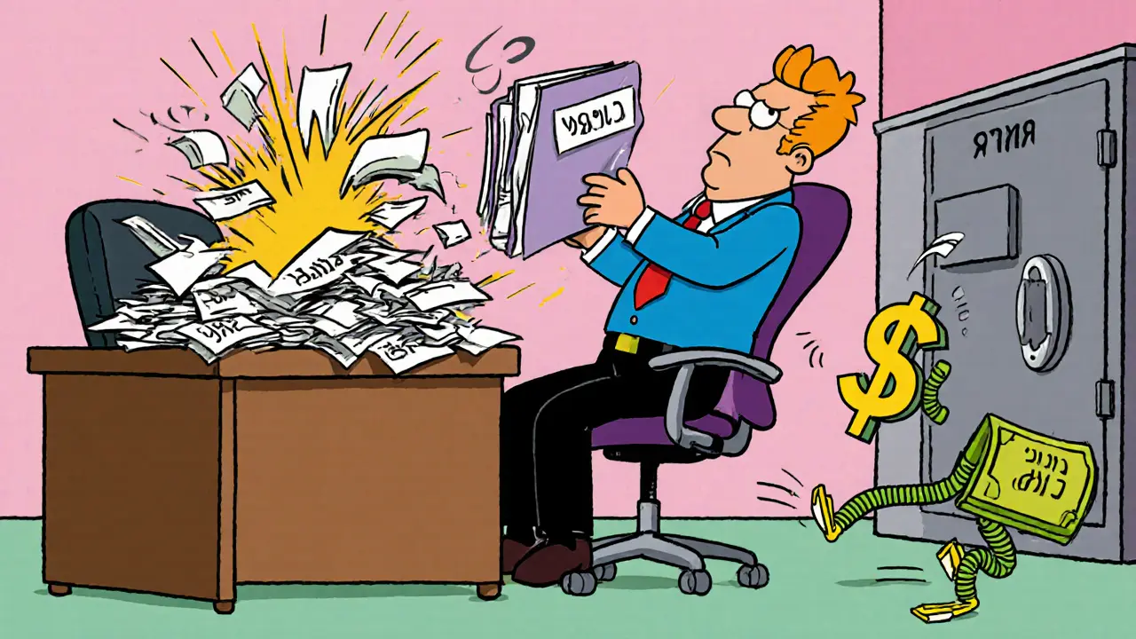 Бюрократ спит за столом, пока мужчина вручает ему судебное решение.