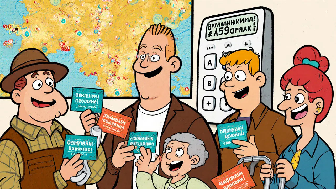 Люди в соцслужбах получают региональные надбавки, на фоне карты России с светящимися регионами и калькулятором.