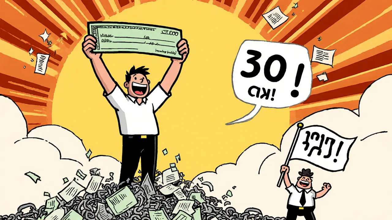 Мужчина празднует возврат денег, стоя на руинах долгов.