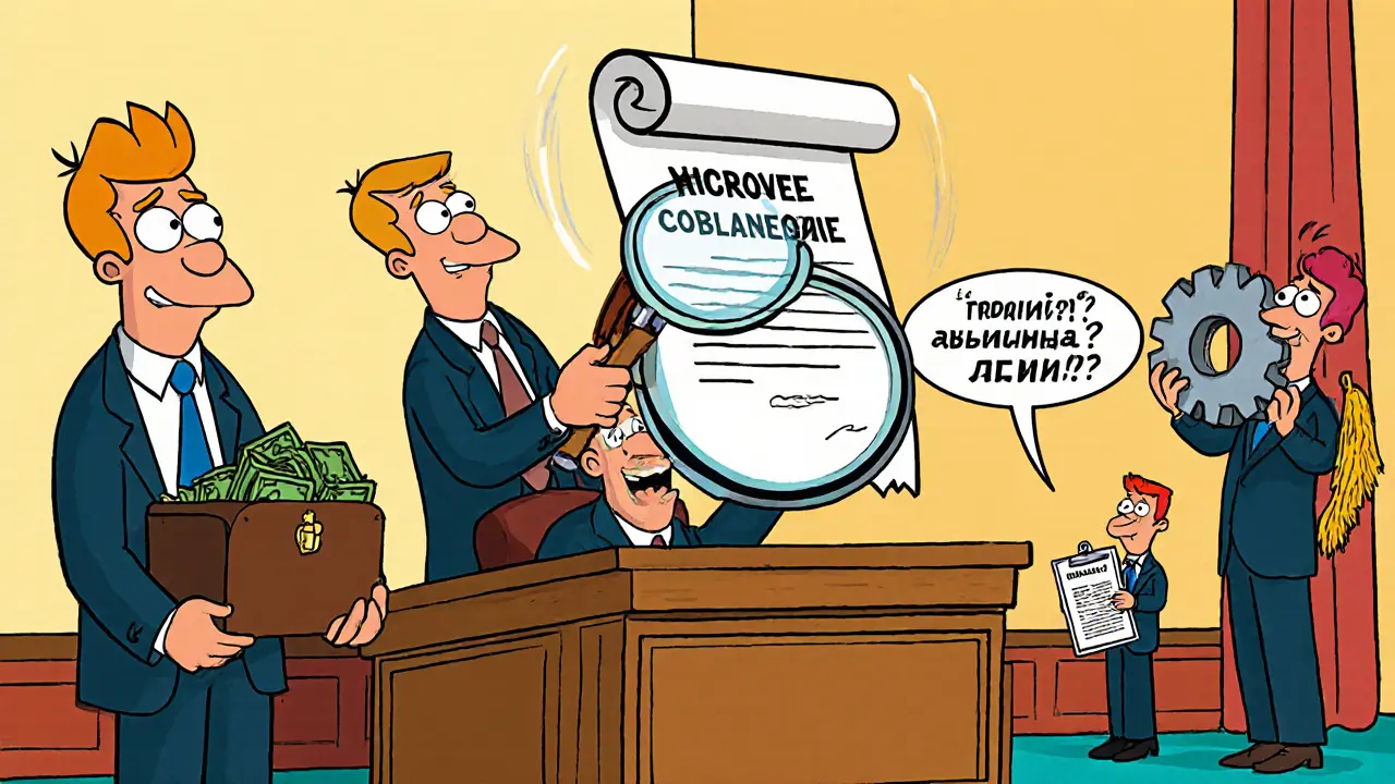 Судья с лупой проверяет соглашение, пока стороны предлагают деньги и оборудование.