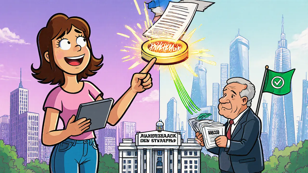 Женщина подает апостиль онлайн через Госуслуги, в фоне — старая бумажная бюрократия и современные цифровые башни.