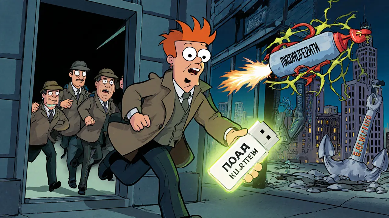 Бегущий бывший сотрудник и команда безопасности в мультяшной погоне с шифрованием