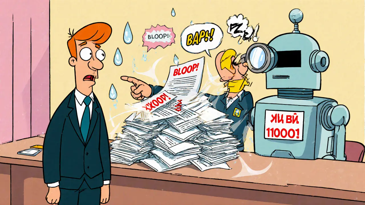 Бизнесмен перед налоговой с ошибкой в документах, рядом — робот-помощник ФНС