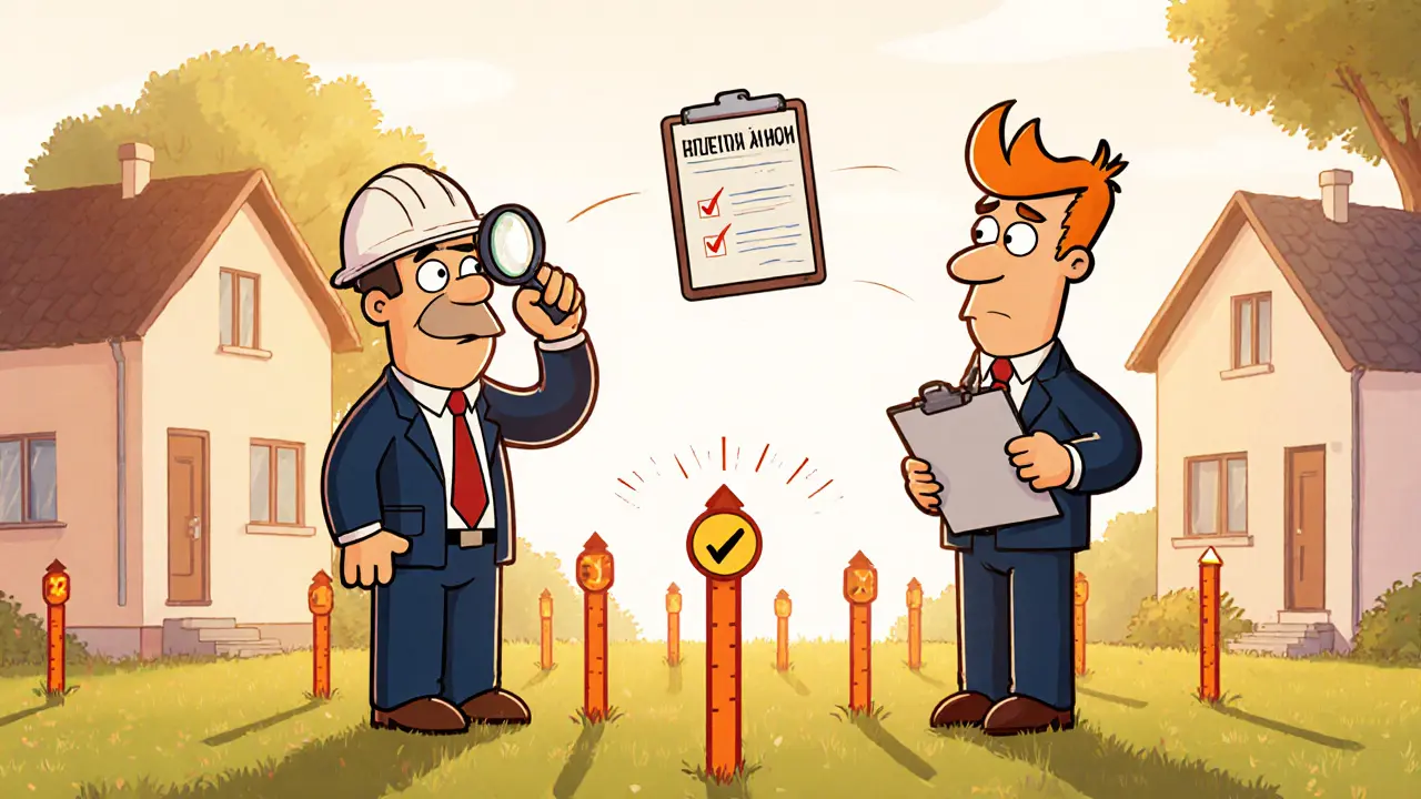 Кадастровый инженер показывает границы участка с помощью колышков, соседи соглашаются.