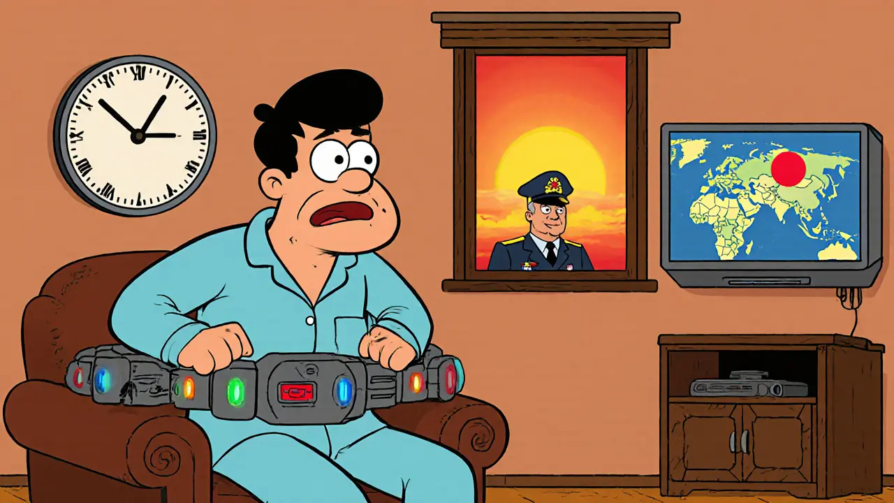 Мужчина в пижаме с электронным браслетом, смотрит в окно, за ним следователь с экраном.