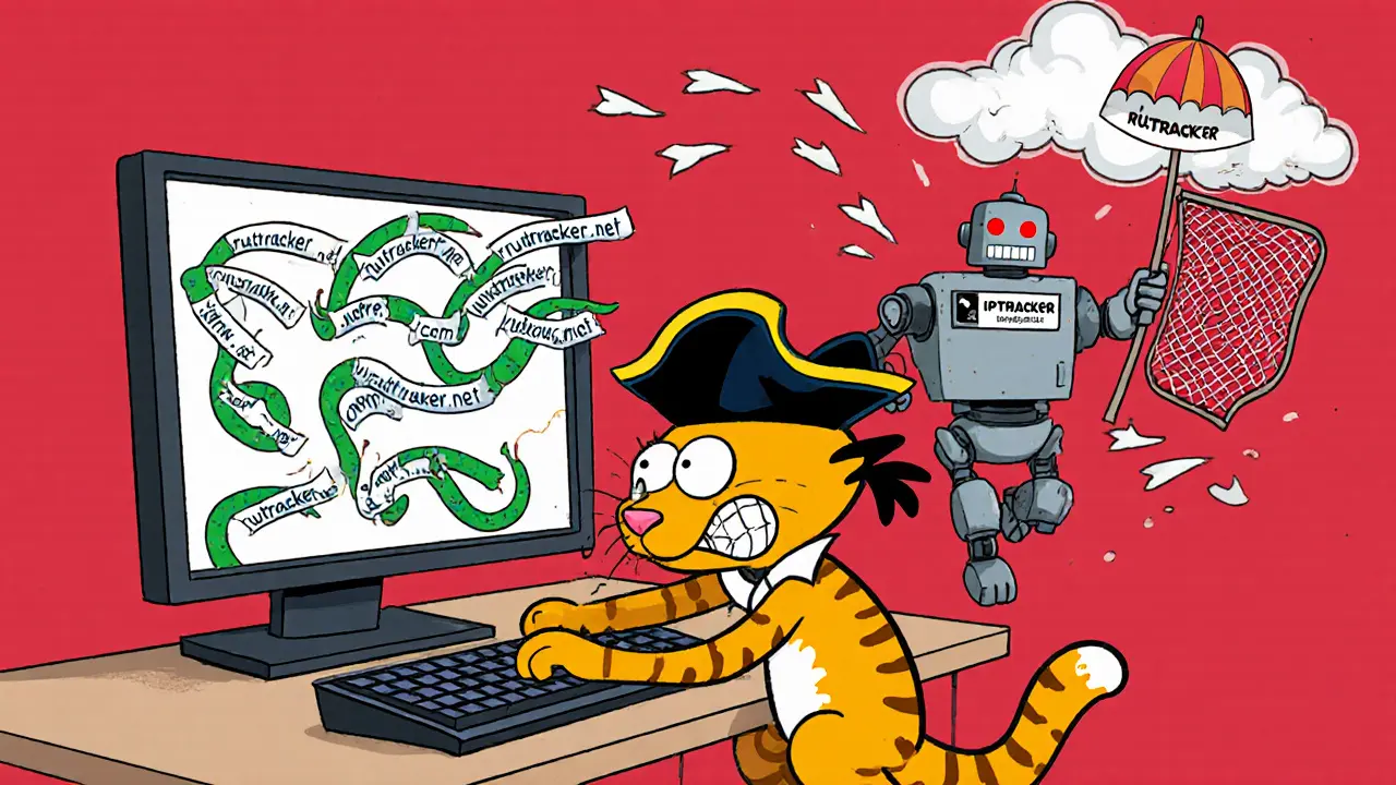 Пиратский кот меняет домены, убегая от блокировки, используя VPN-зонтик.