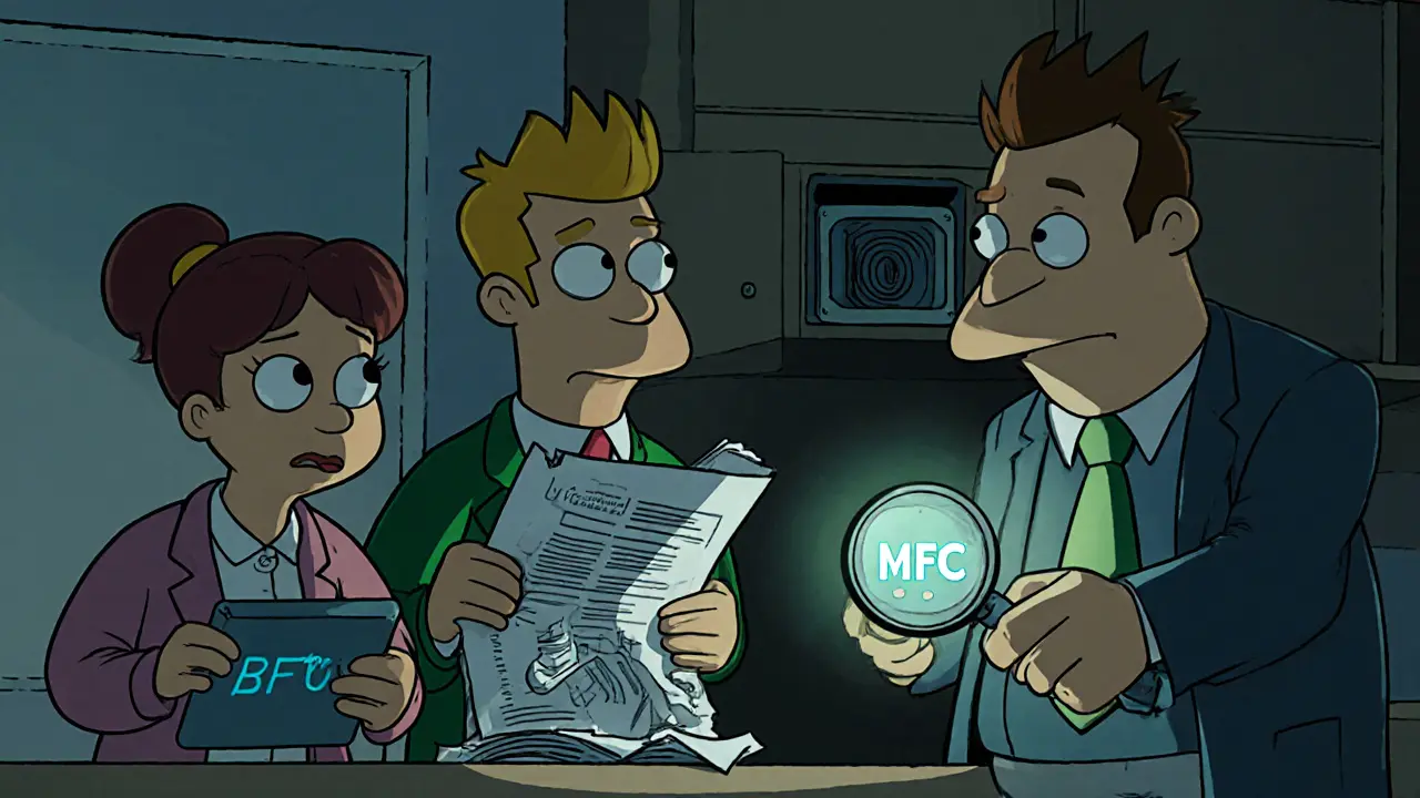 Семья подаёт документы в МФЦ, один из них держит план с выделенной вентиляцией, официант с лупой проверяет детали.