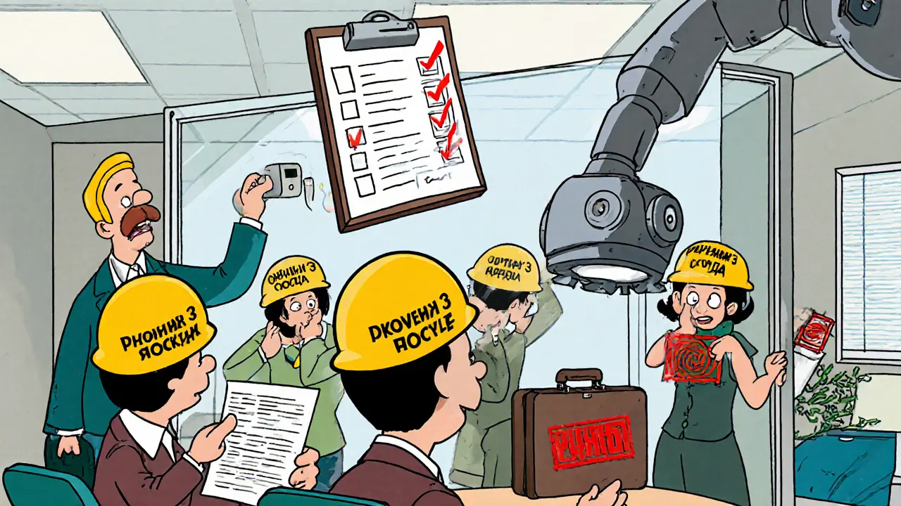 Сотрудники с разными уровнями доступа и огромной маркировкой &#039;ЗАПРЕЩЕНО&#039;