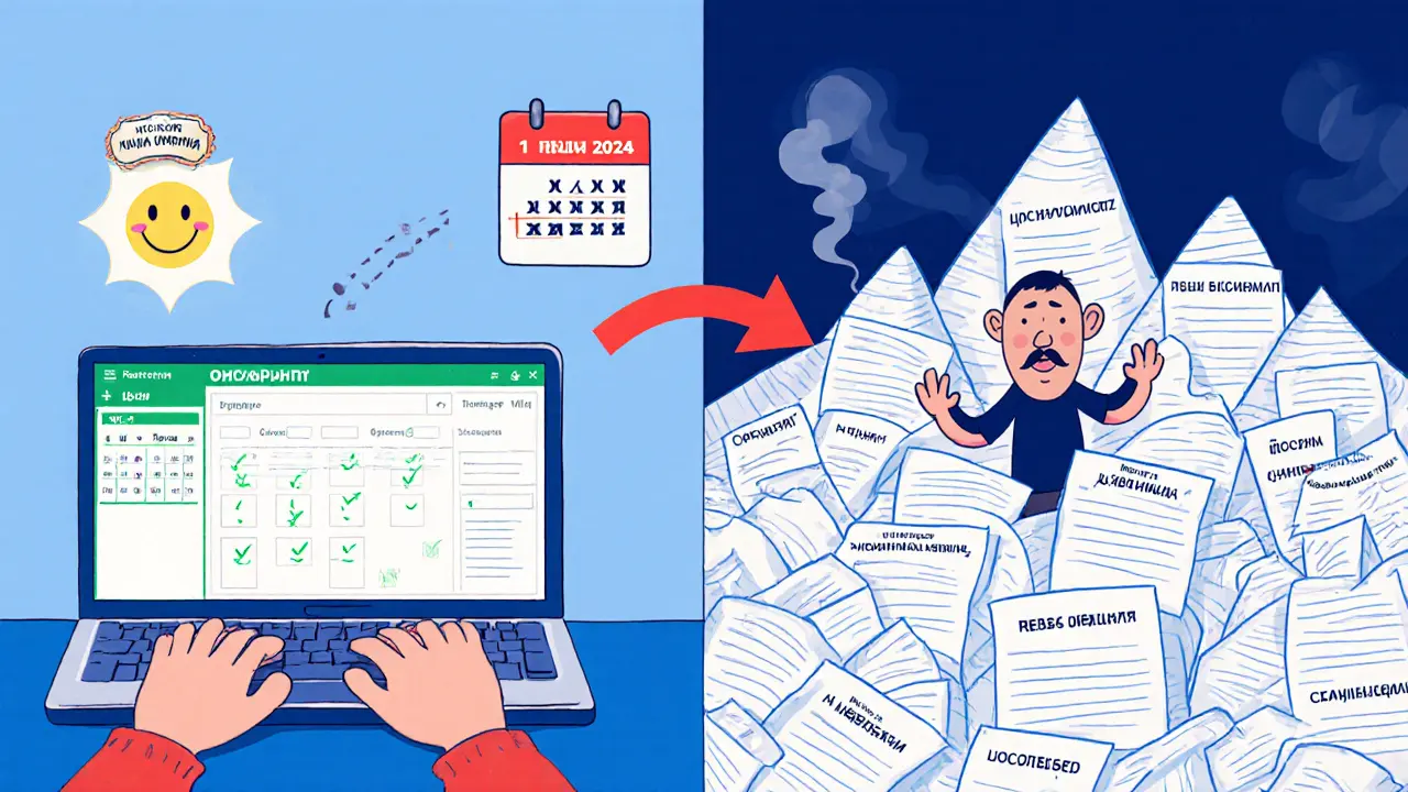 Сравнение: один человек подаёт иск онлайн с зелёными галочками, другой тонет в бумажной куче ошибок.