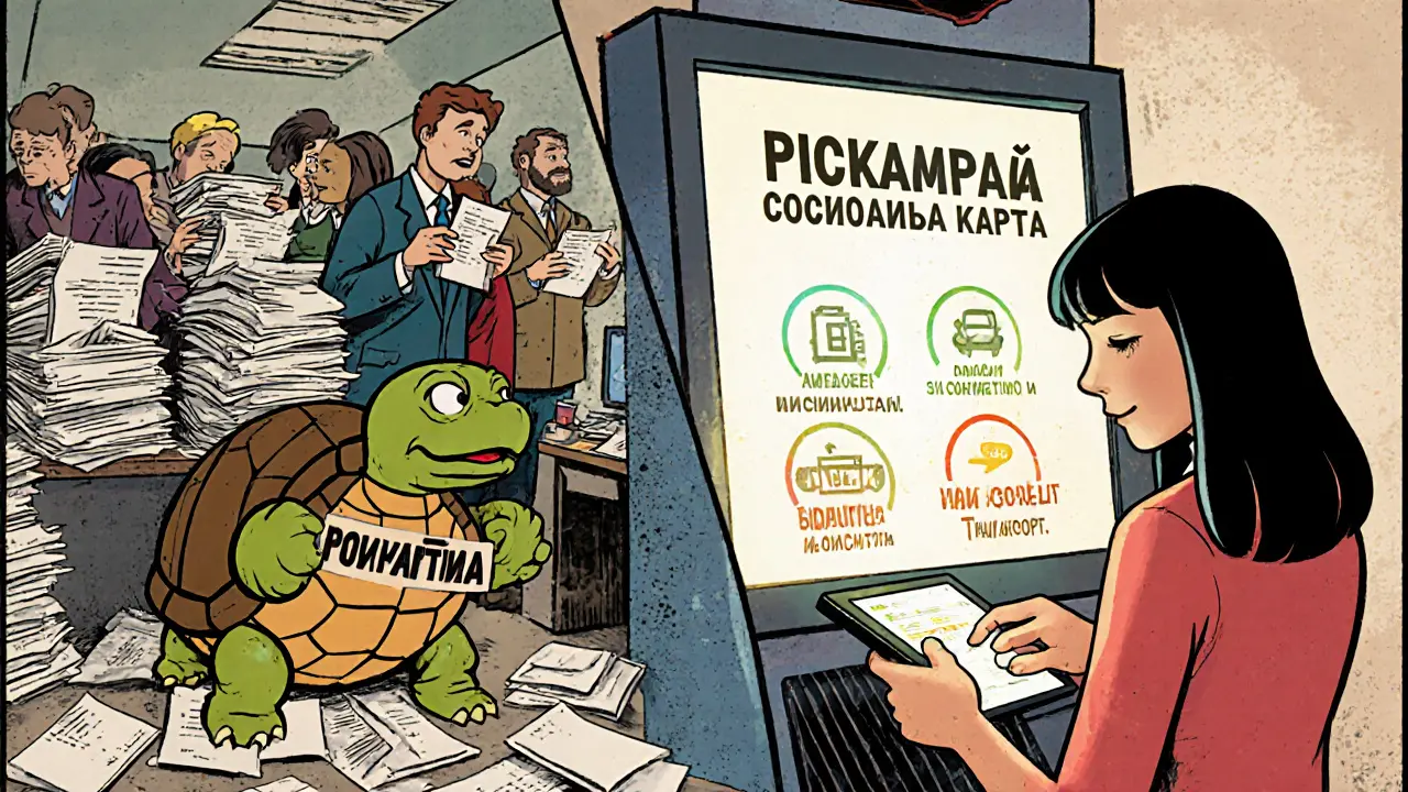 Сравнение старой бюрократии с новой цифровой социальной картой в стиле комикса: слева — куча бумаг, справа — современный терминал.