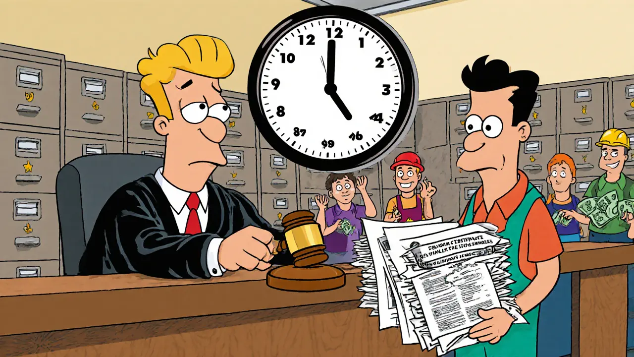 Судья с гавелом-термометром рассматривает документы, над головой тикает часы с датами.