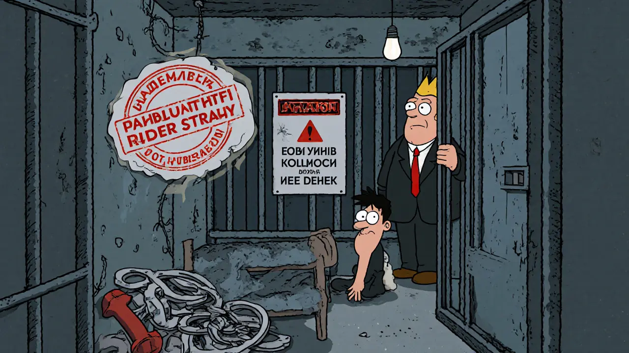 Тесная камера СИЗО с уставшим мужчиной, рядом гигантская печать &#039;Заключение под стражу&#039;.