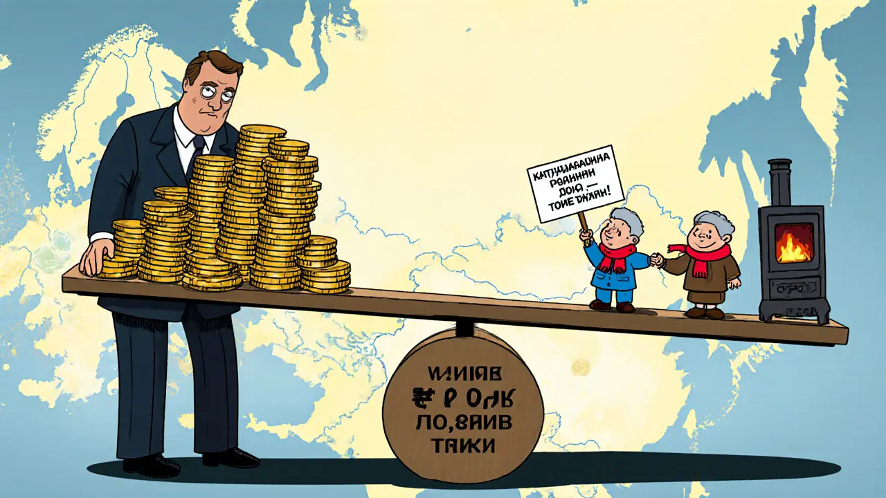 Весы с пенсионными выплатами с одной стороны и помощью пожилым, детям и отоплением — с другой, символизирующие дисбаланс в социальной системе.