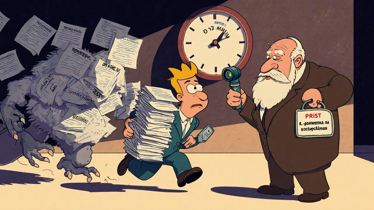 Заявитель бежит от бумажного монстра, пока юрист помогает с проверкой документов.