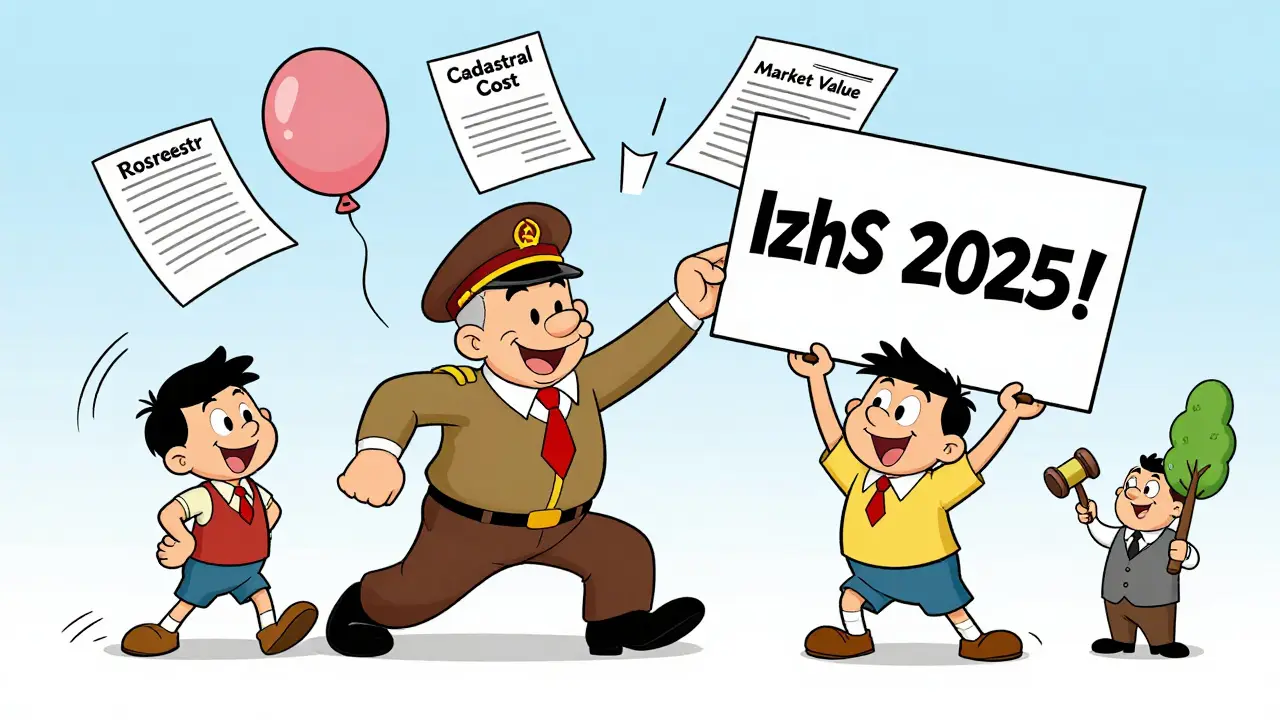 Бюрократ с печатью и семья с документом &#039;ИЖС 2025&#039; в стиле мультфильма, вокруг летают бумажки с кадастровой и рыночной стоимостью.