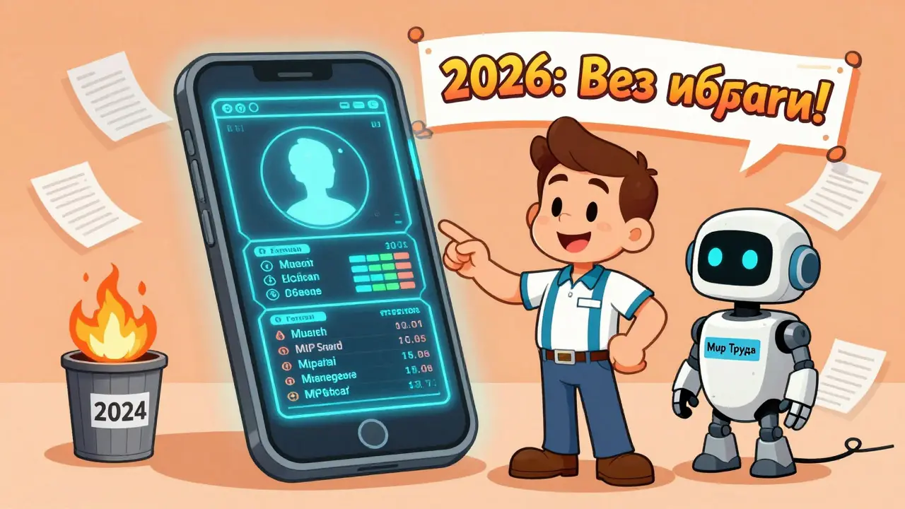 Цифровой профиль на экране телефона показывает данные мигранта, рядом — робот-помощник, а бумажные документы горят в корзине.