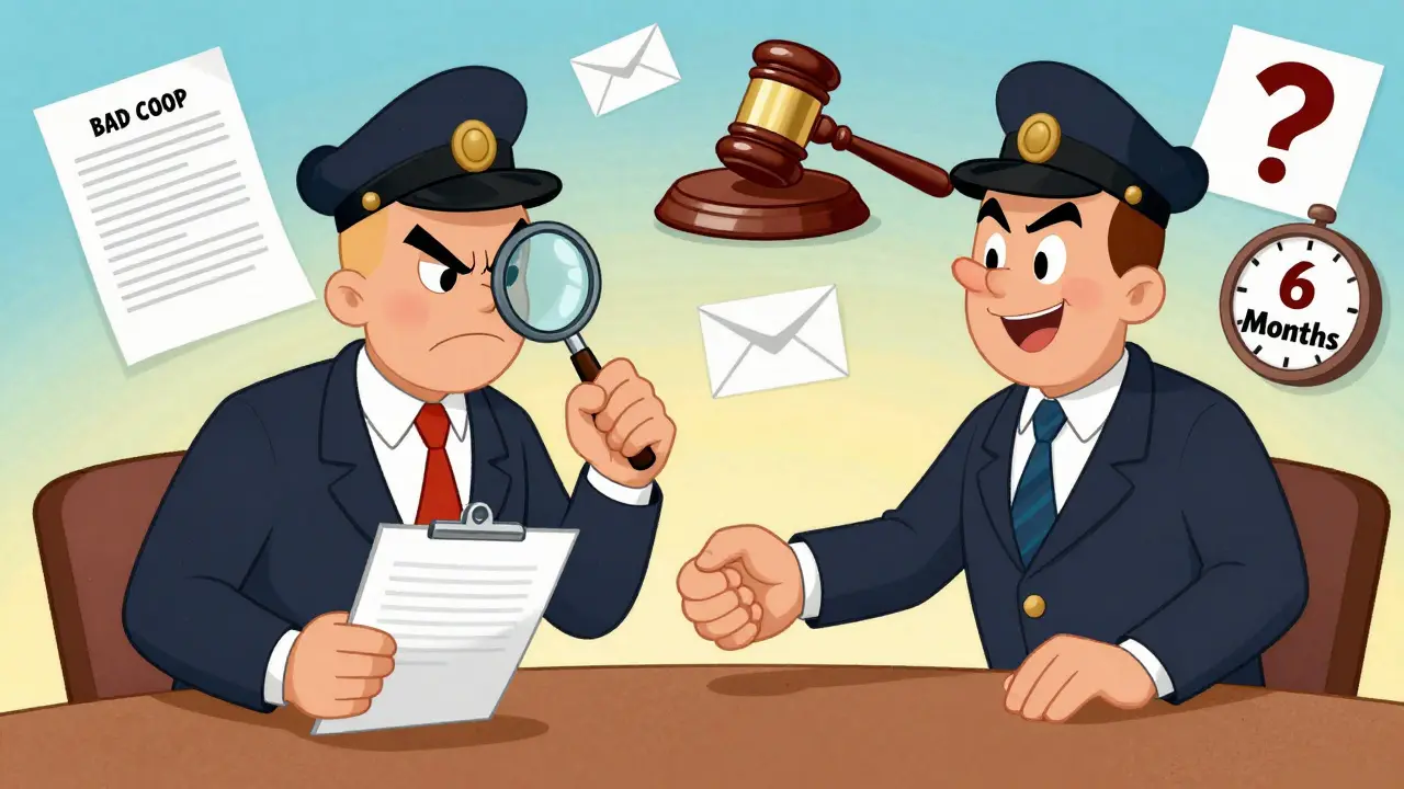 Два юриста ведут переговоры: один строгий, другой дружелюбный, вокруг — доказательства.