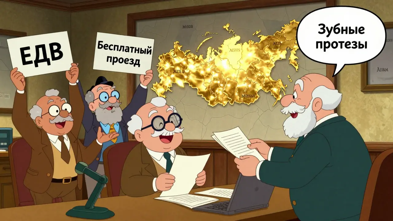 Группа пожилых людей в МФЦ передаёт документы, вокруг них — иконки льгот и карта России с разными регионами.