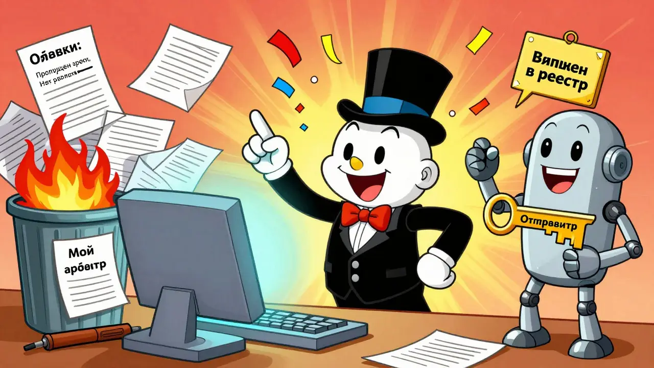 Кредитор успешно отправляет заявление через портал 'Мой арбитр', вокруг него летают цифровые огоньки.