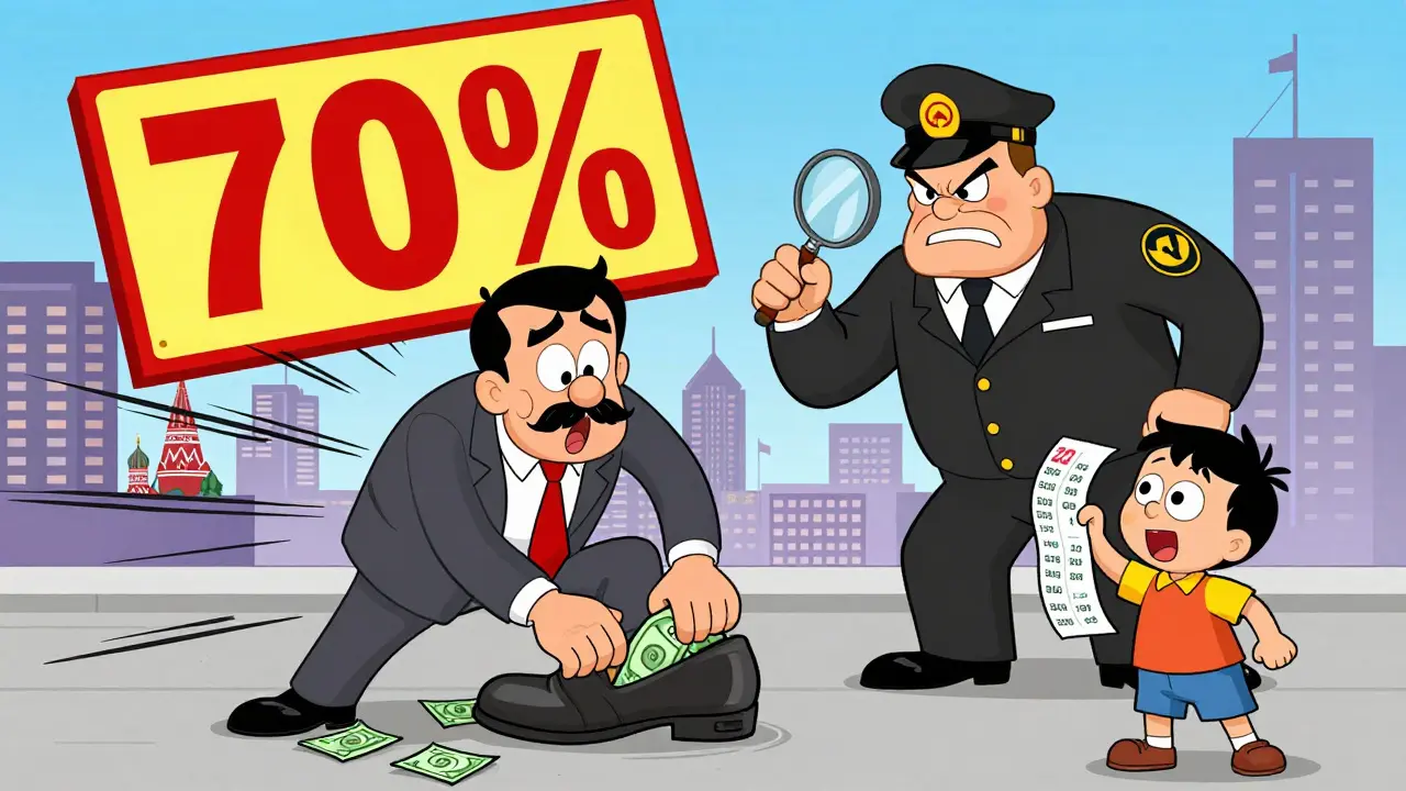 Отец прячет деньги, а пристав его ловит, рядом ребенок с чеками.