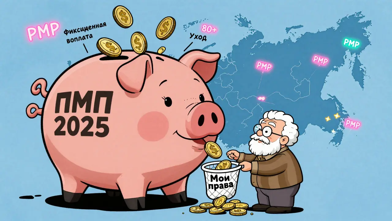 Пенсионер ловит монеты с надписями &#039;Иждивенцы&#039;, &#039;80+&#039;, &#039;Уход&#039; из огромного копилки &#039;ПМП 2025&#039;.