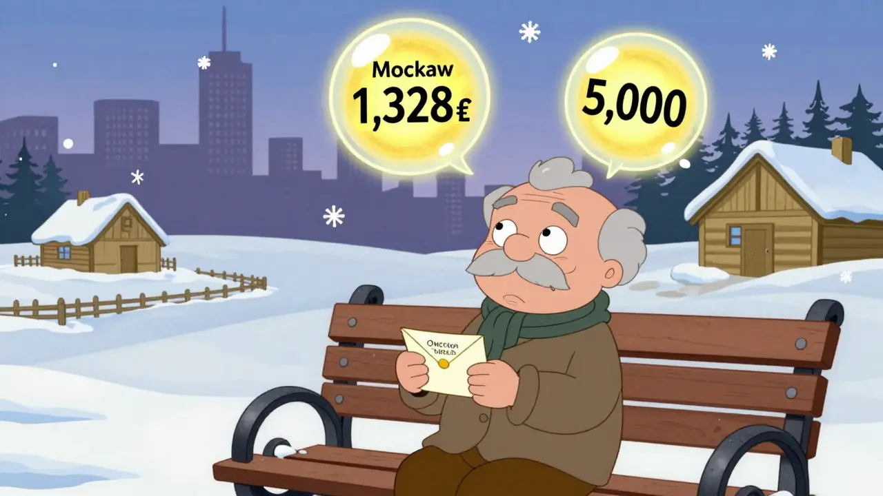 Пенсионер на скамейке смотрит на деньги, над головой — разница между льготами в Омске и Москве.